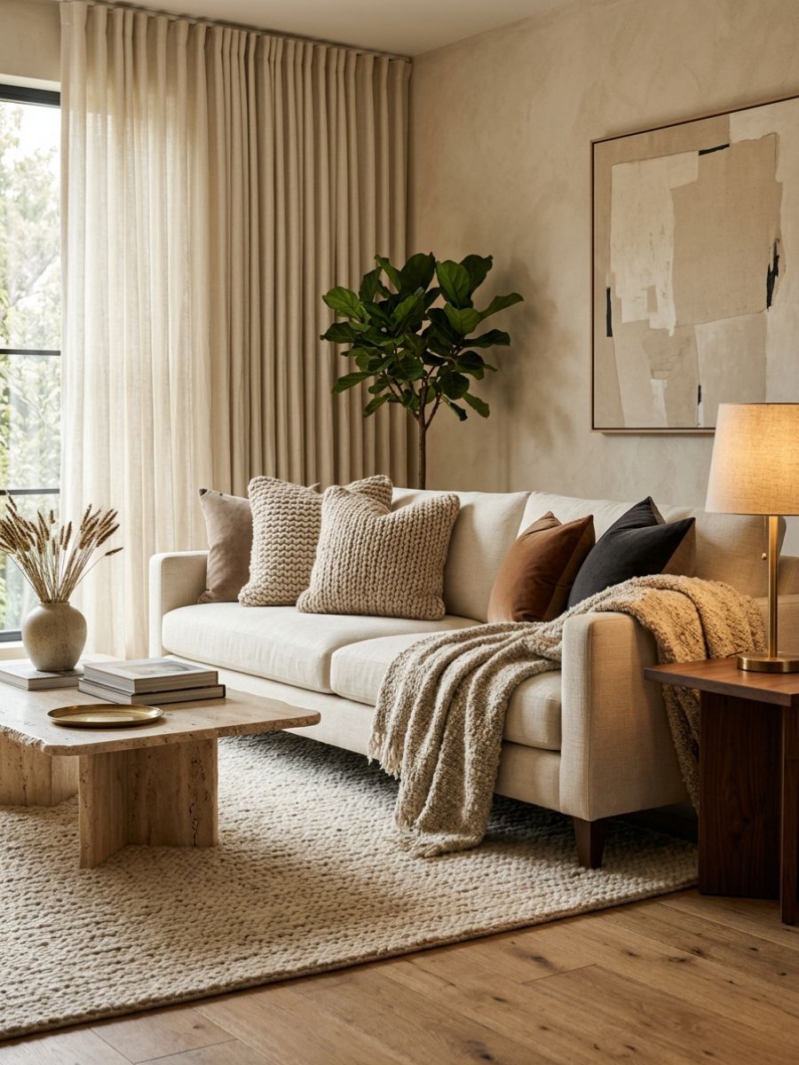 Cushions and throw blankets adding texture to a small apartment sofa