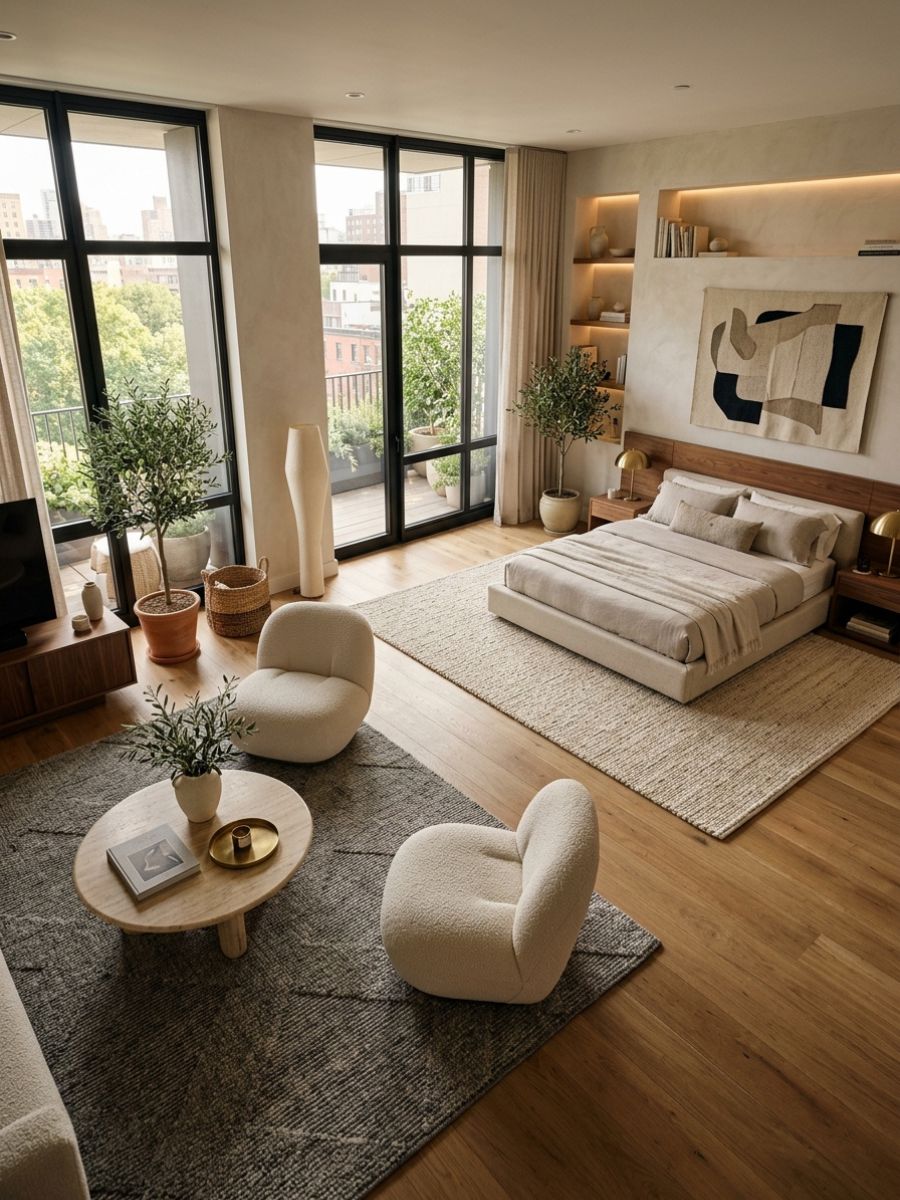 Bedroom using layered area rugs to define separate zones