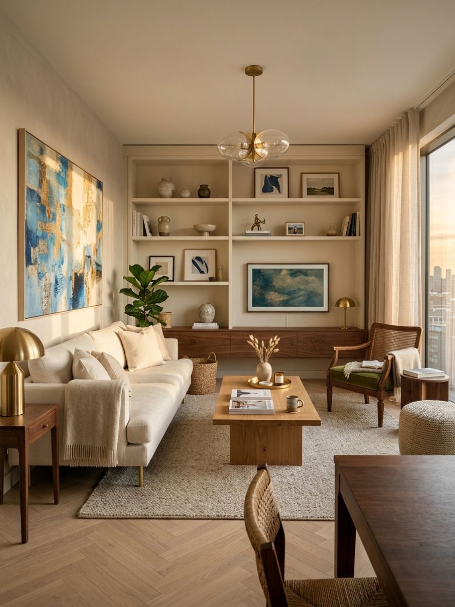 Small apartment living room balancing personal style with practical decor