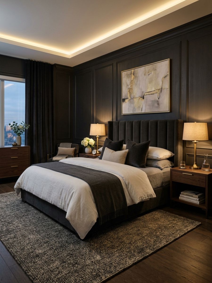 Symmetrical boutique hotel style moody bedroom with matching lamps