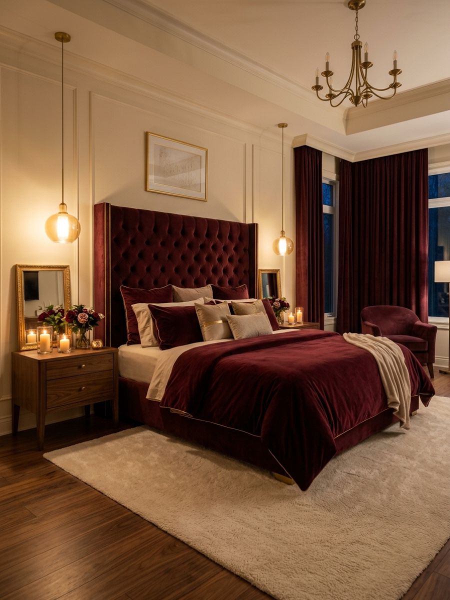 Burgundy velvet romantic bedroom idea for couples with pendant lighting and cozy bedding
