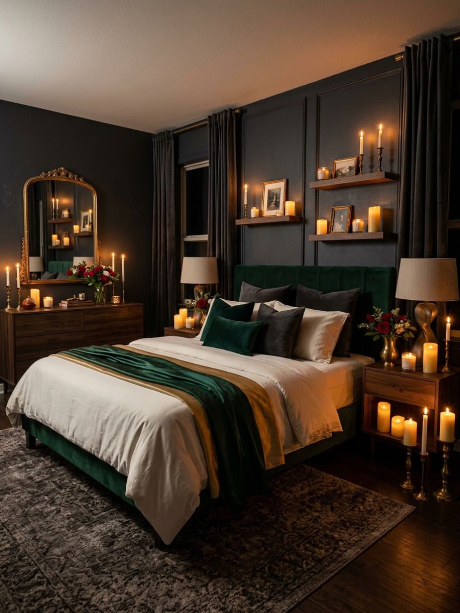 Grouped pillar and jar candles on a bedroom dresser