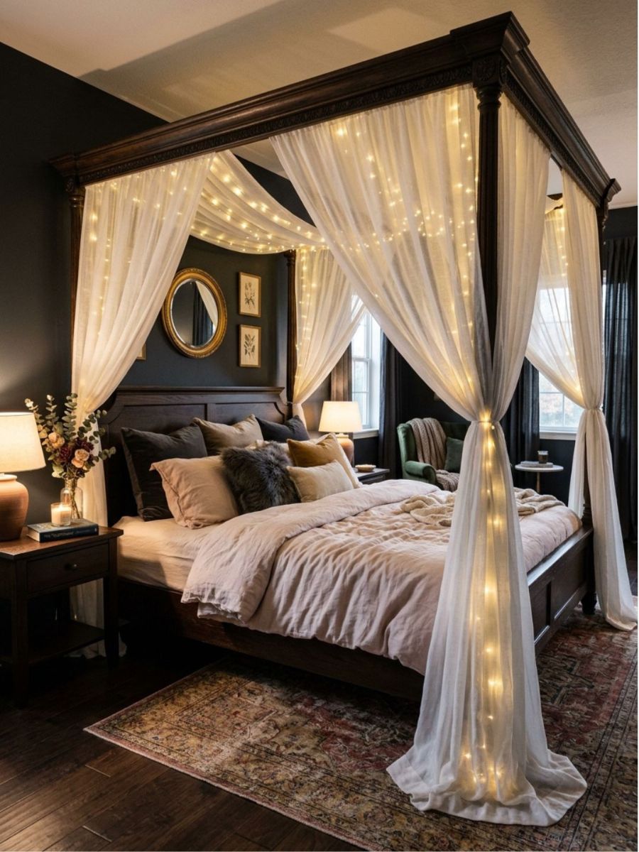 Dark metal canopy bed frame with sheer curtains in a moody bedroom