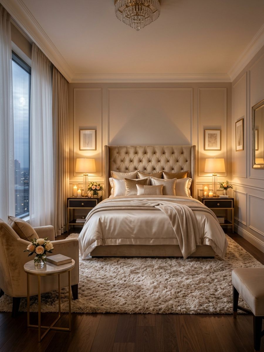 Champagne gold romantic bedroom idea for couples with soft bedding and warm lighting