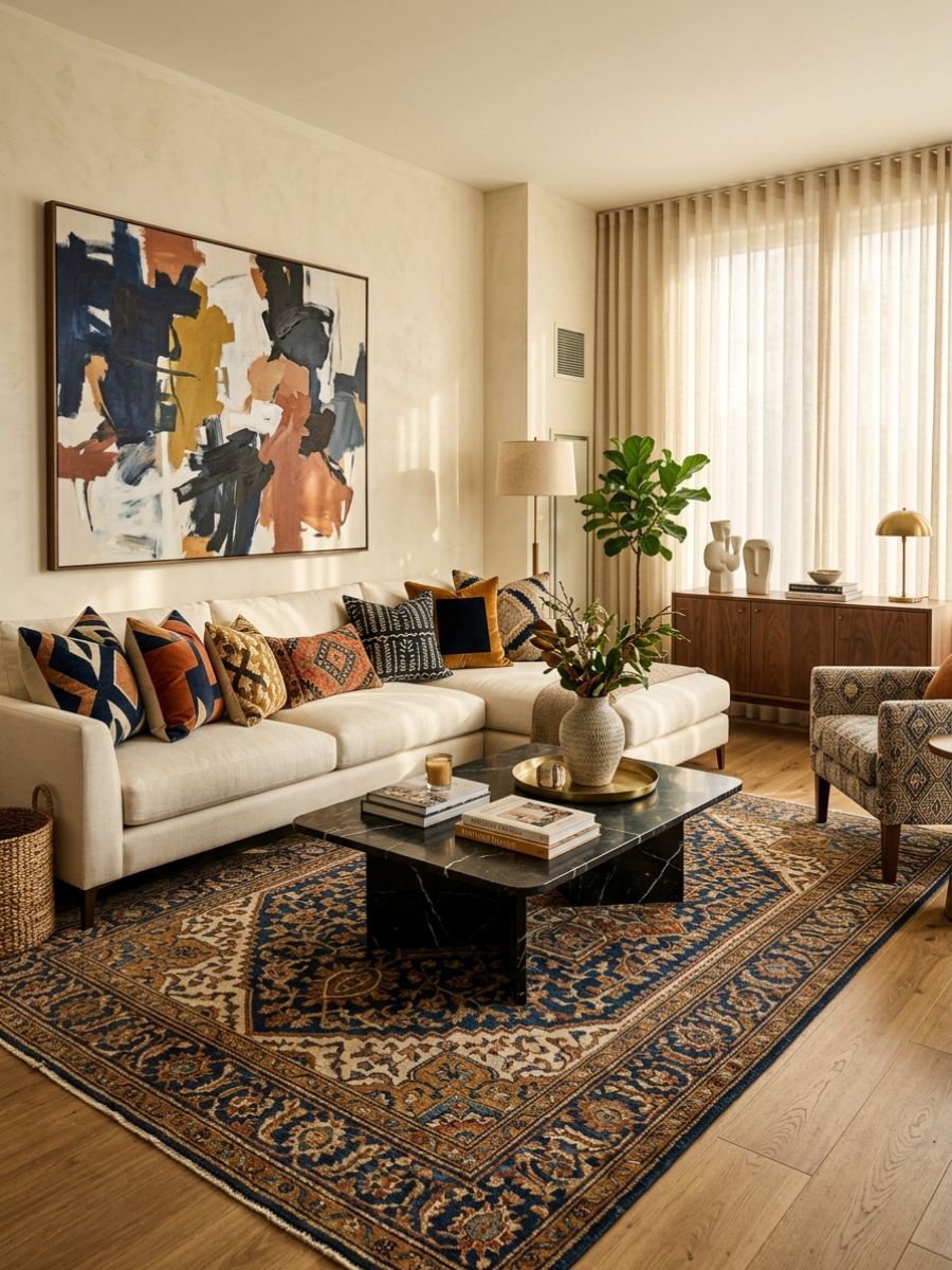 Bold patterned throw pillows as accent pieces in a small apartment