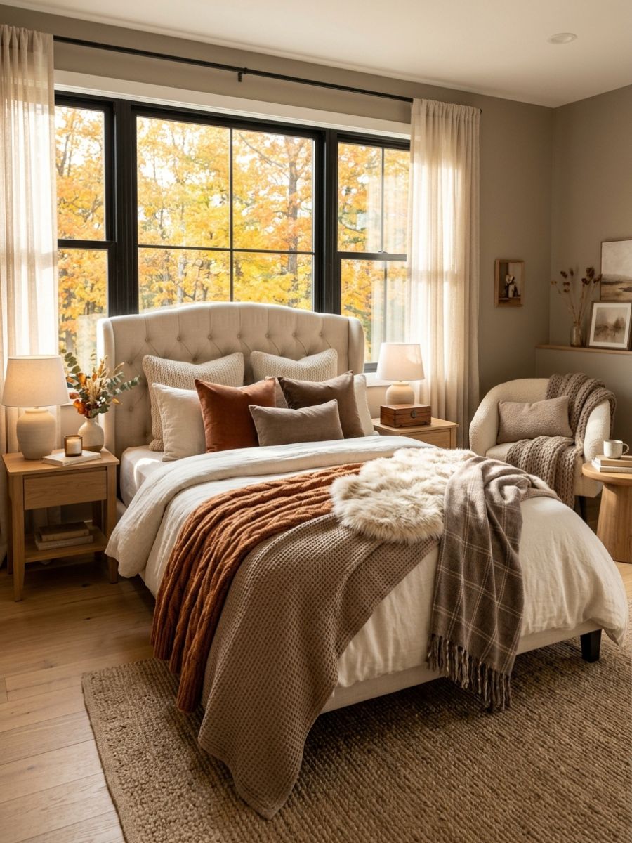 Chunky cable-knit throw blanket draped over the foot of a bed