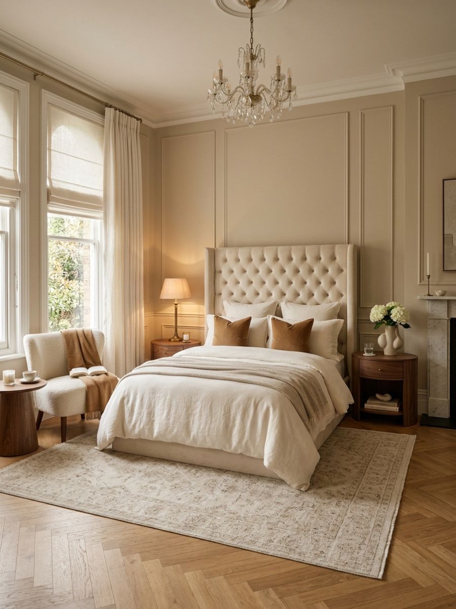 Classic warm neutral bedroom with cream upholstery and caramel cushions