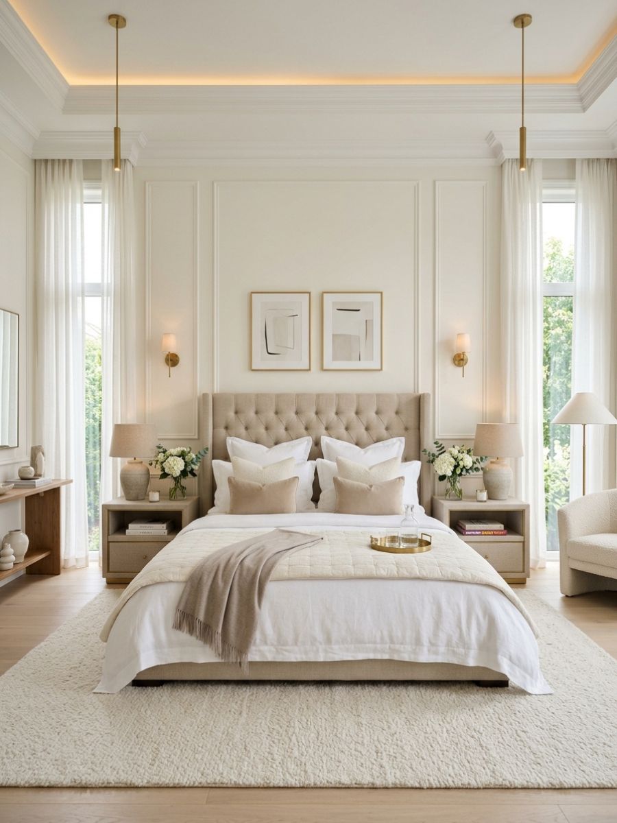 Hotel style neutral bedroom with symmetrical nightstands and lamps