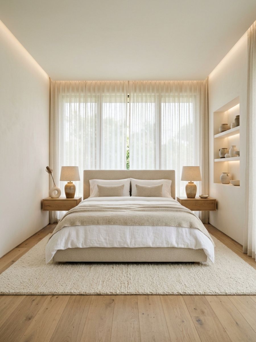 Clean simple neutral bedroom with soft whites and gentle textures