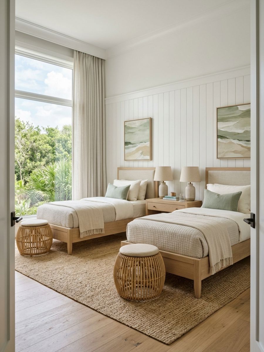 Coastal twin bed bedroom with sage accents and pale wood frames