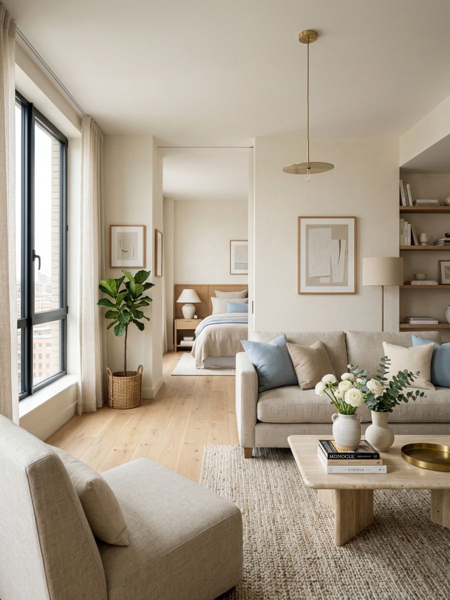 Living room with a soft neutral and blue cohesive color palette