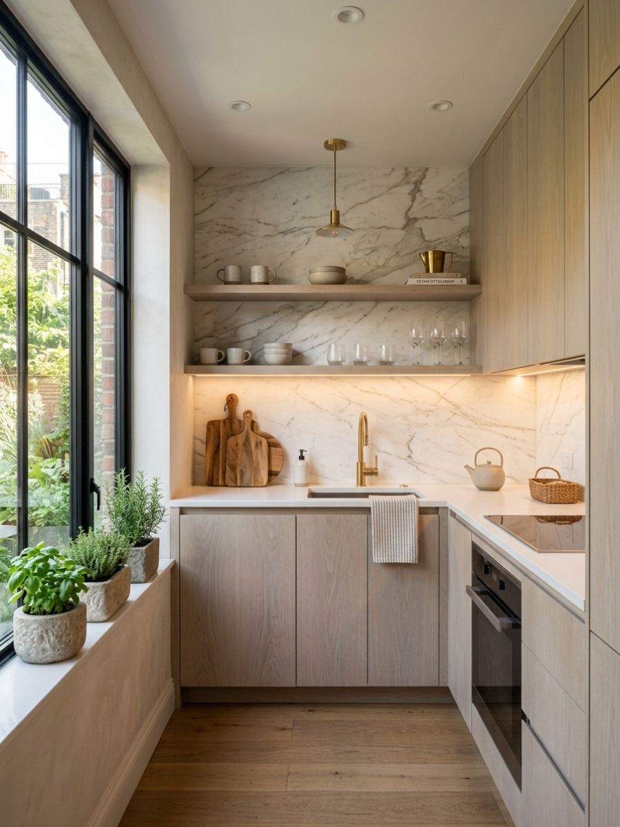 Compact kitchen with light cabinets and modern appliances
