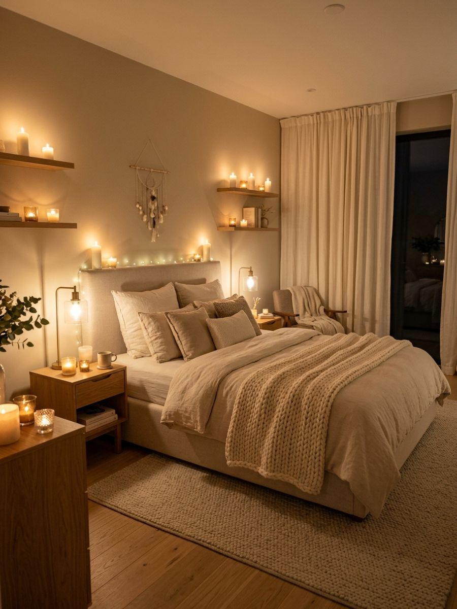Cozy candlelight romantic bedroom idea for couples with neutral bedding and warm lighting