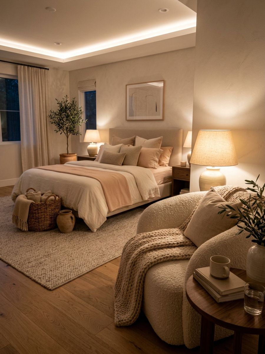 Cozy neutral bedroom corner with warm peachy lighting