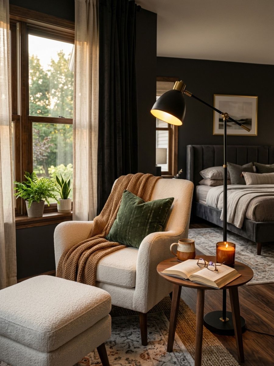 Upholstered chair and floor lamp forming a cozy reading corner