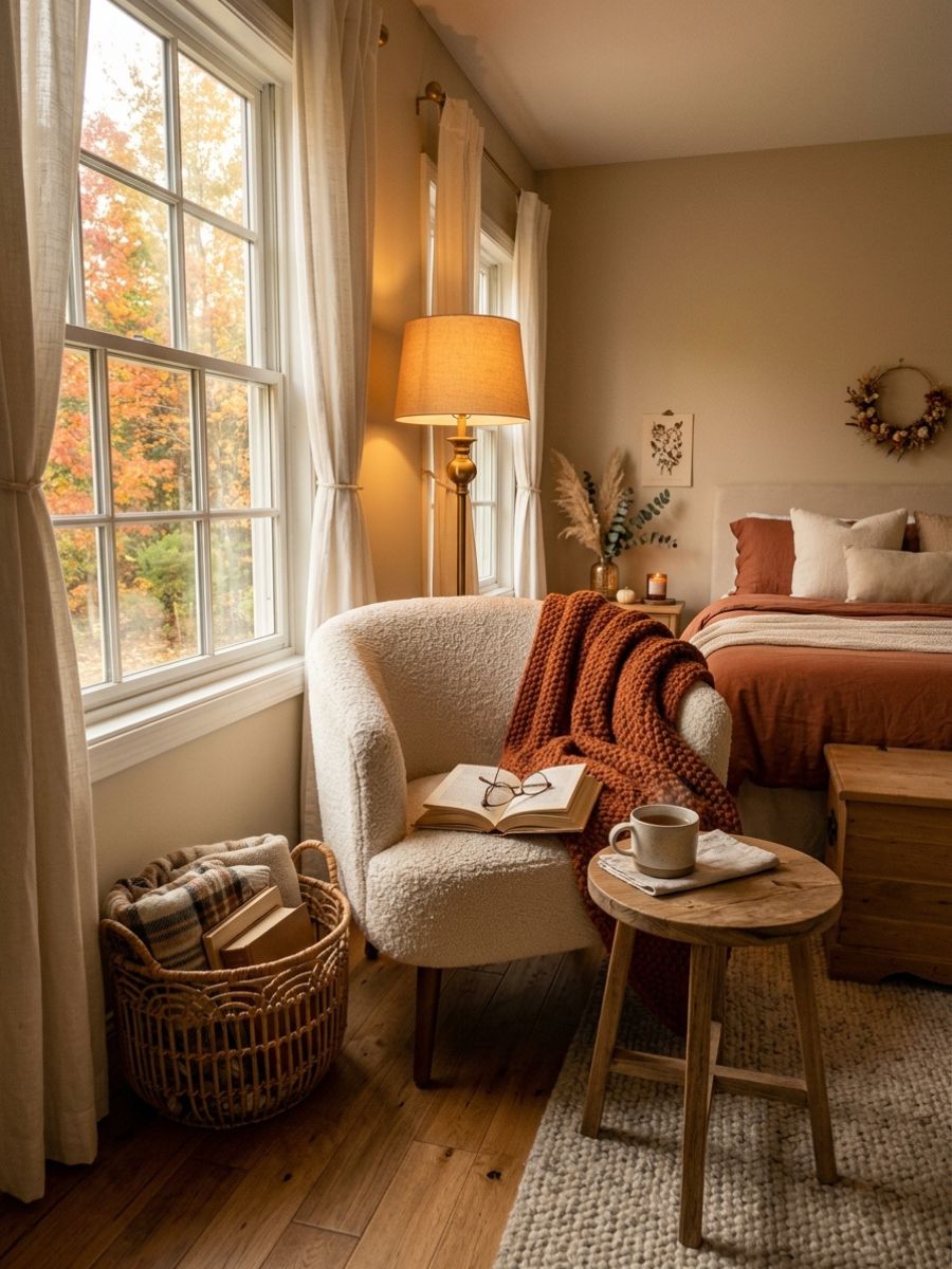 Small reading nook with an armchair, side table, and folded blanket