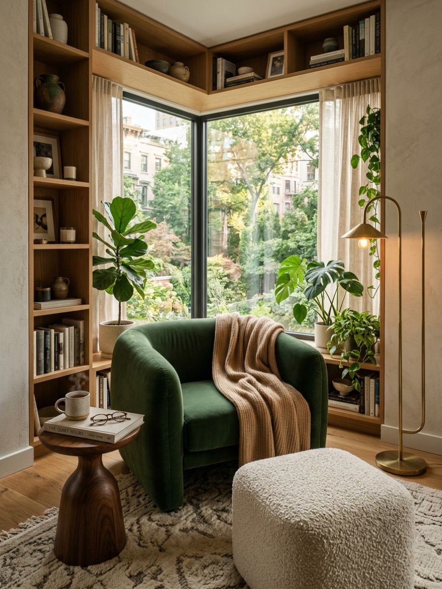 Reading nook with a green chair, side table, and textured blanket
