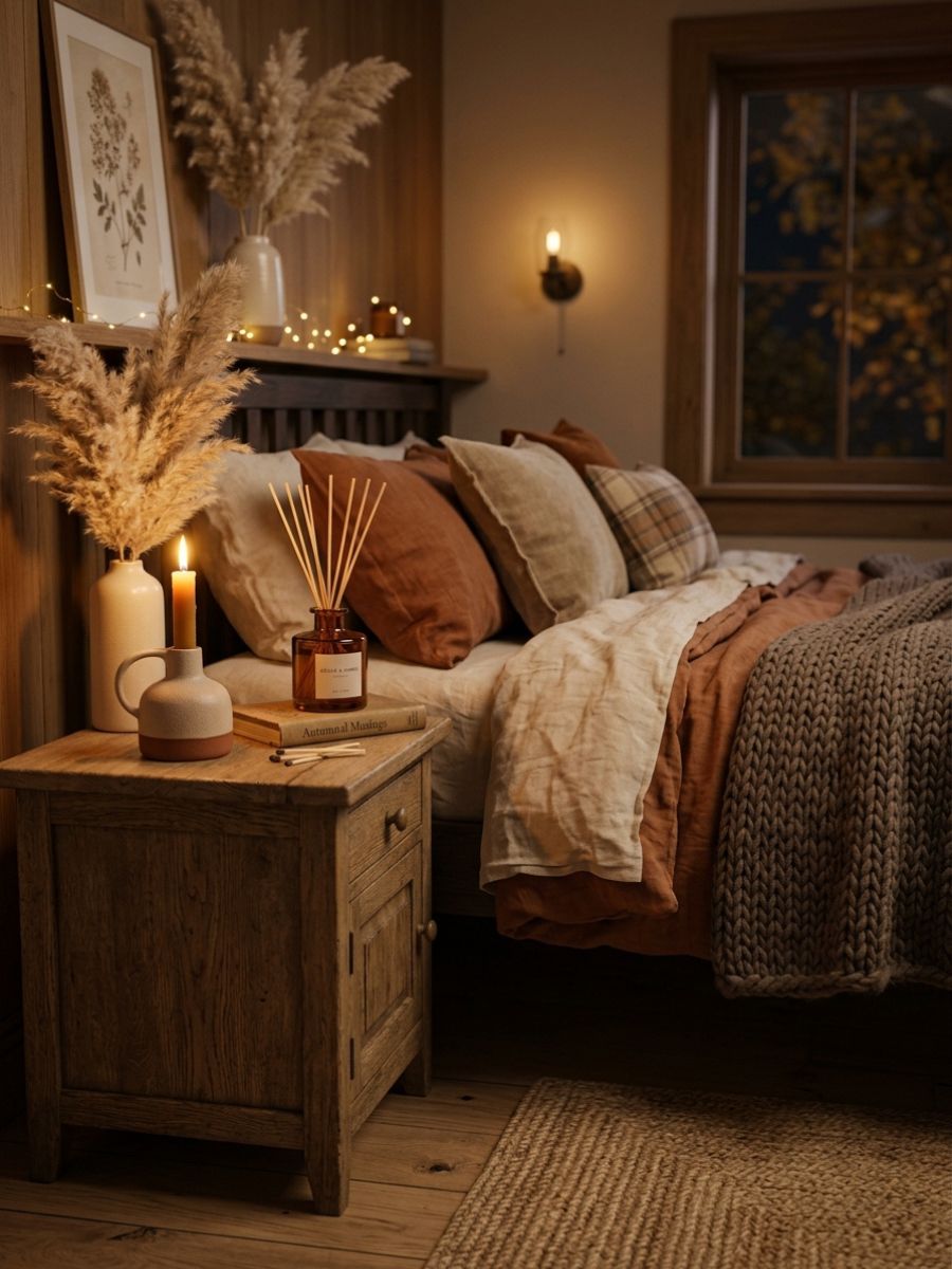 Cedarwood and cinnamon scented candle on a bedroom nightstand