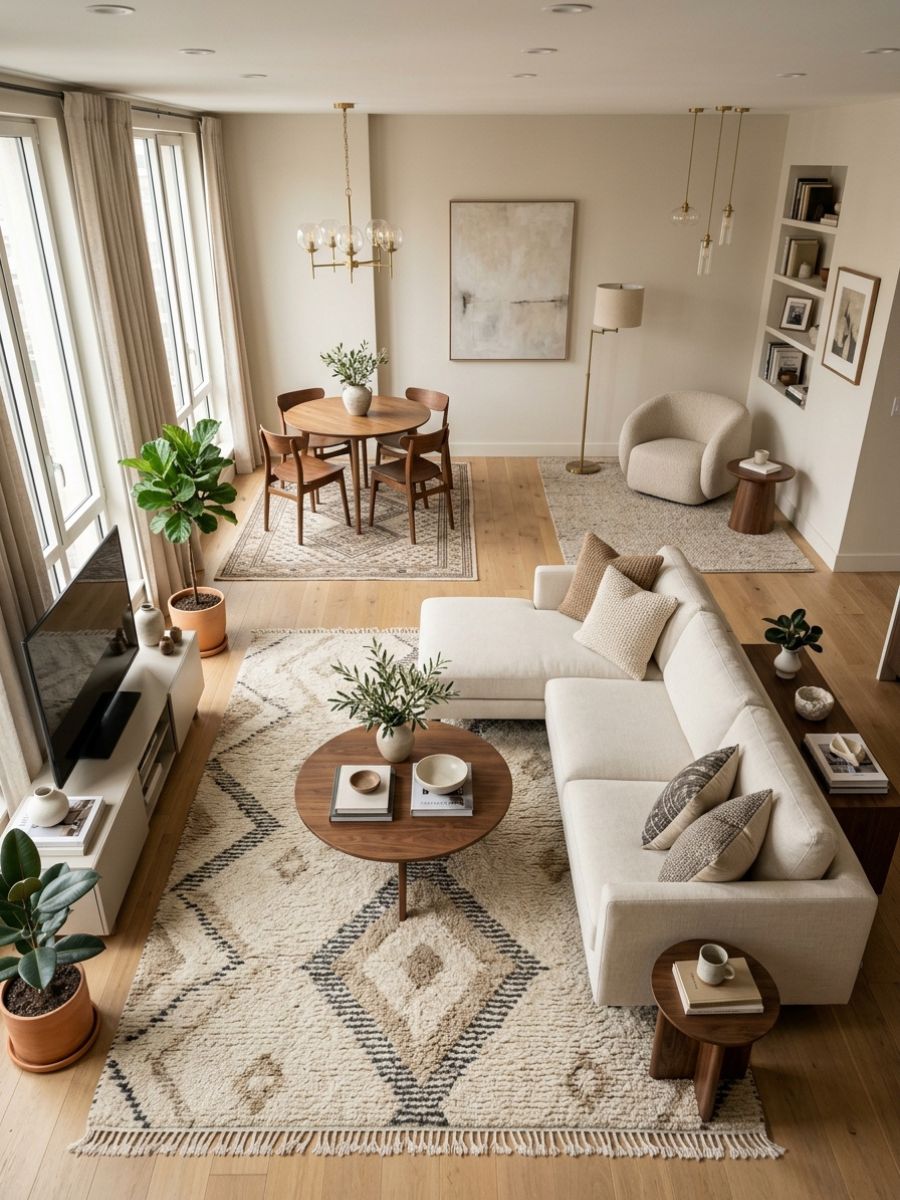 Area rugs defining separate zones in a small open-plan apartment