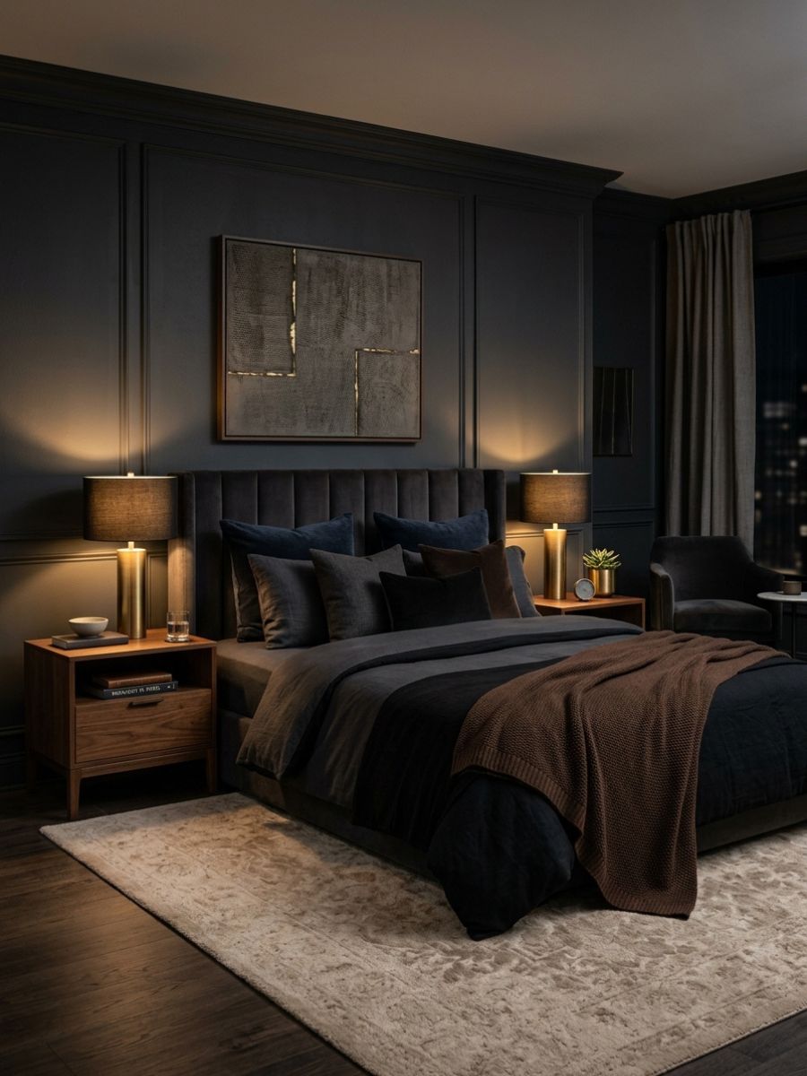 Dark charcoal and navy bedding layered on a bed
