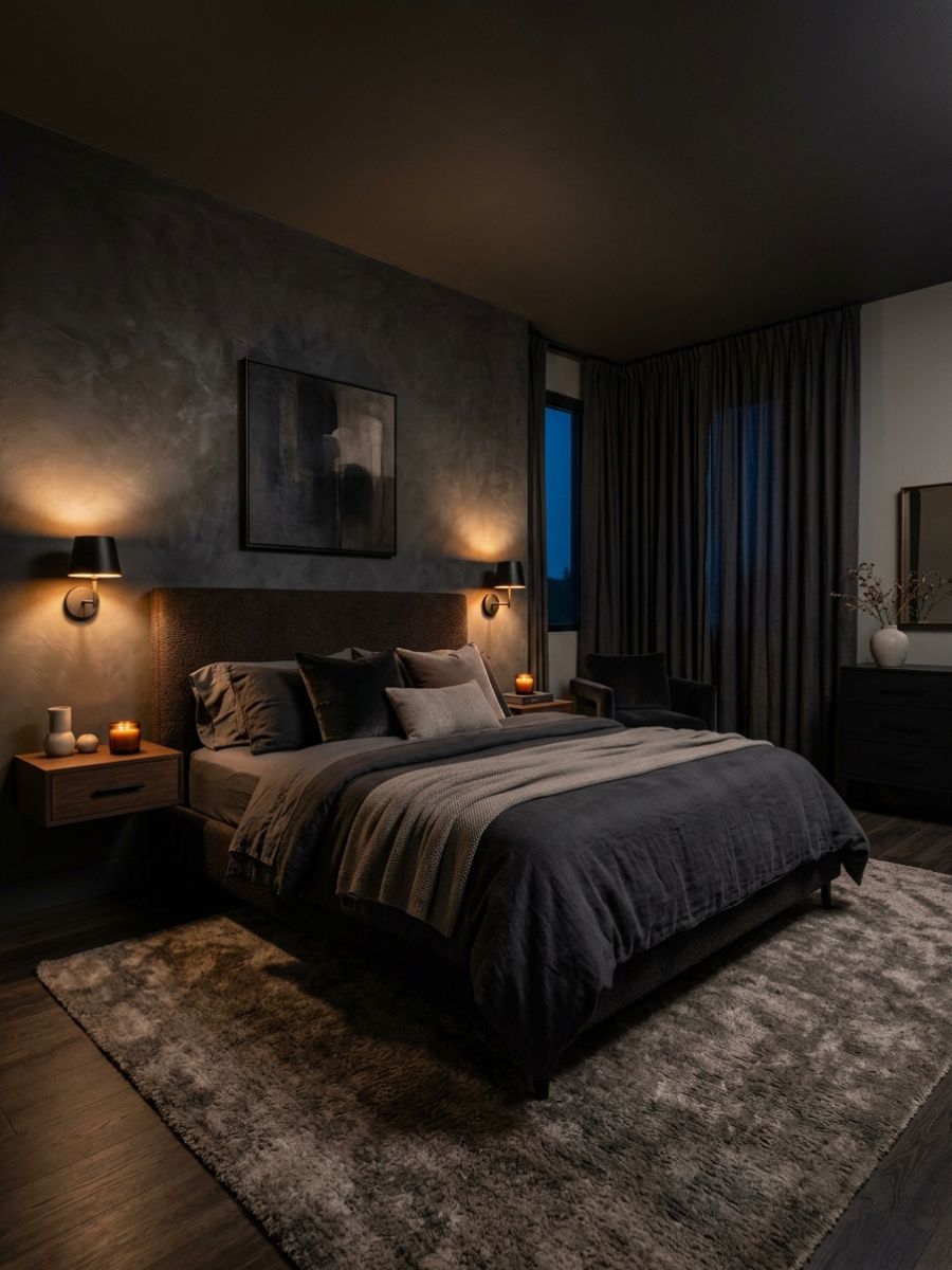 Dark moody romantic bedroom idea for couples with charcoal walls and warm lighting
