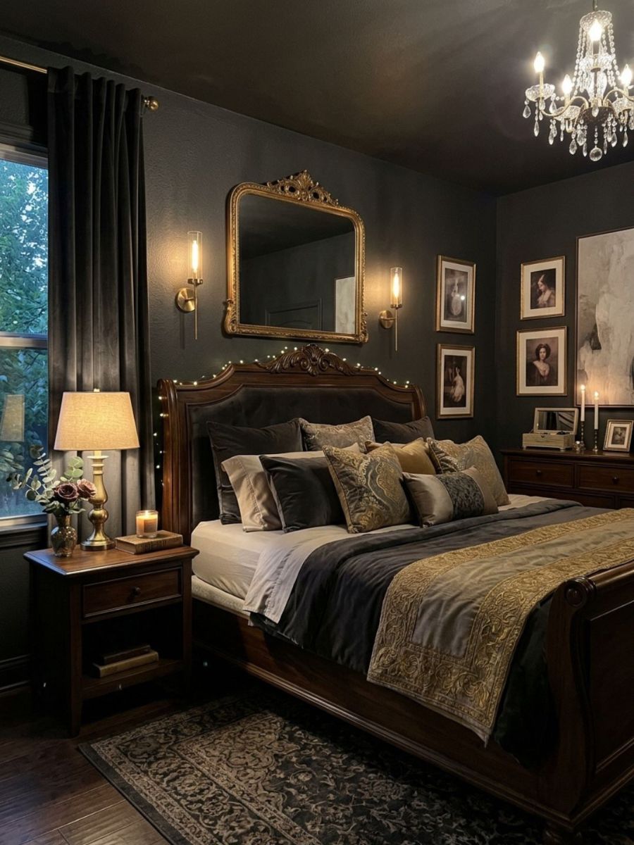 Dark walnut wood bed frame and nightstand in a moody bedroom