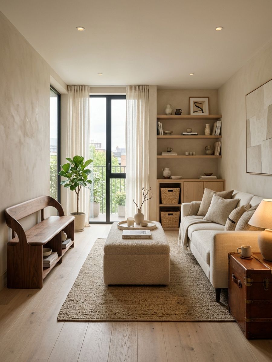 Storage ottoman used as dual-purpose decor in a small apartment