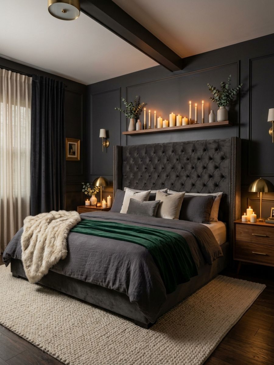 Bedroom with deep charcoal gray walls and warm white bedding