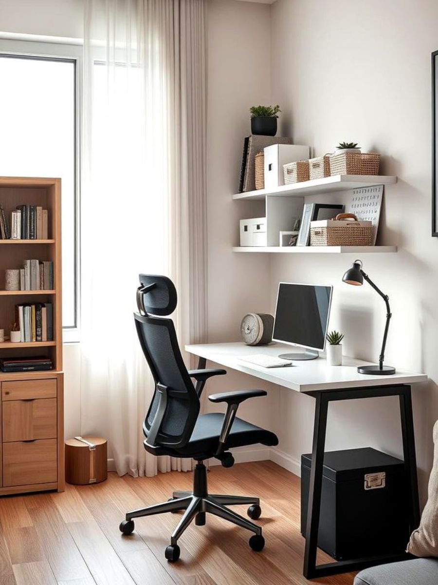 Compact home office setup in a small apartment corner