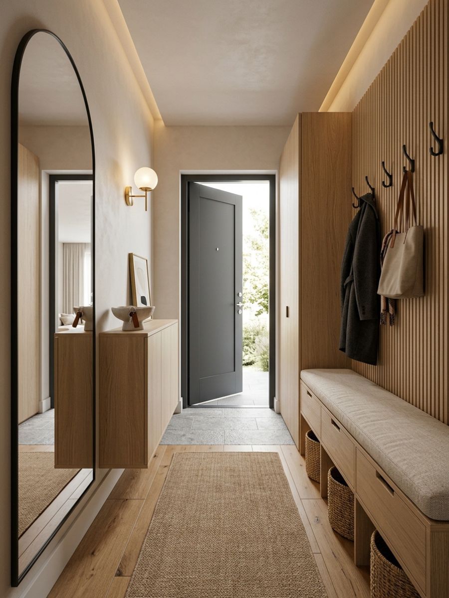 Organized entryway with hooks and bench in a small apartment