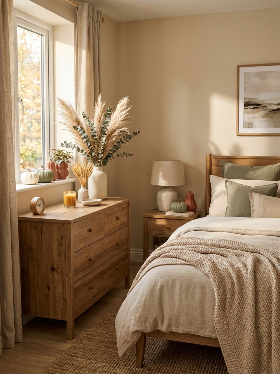 Dried pampas grass in a ceramic vase on a bedroom dresser