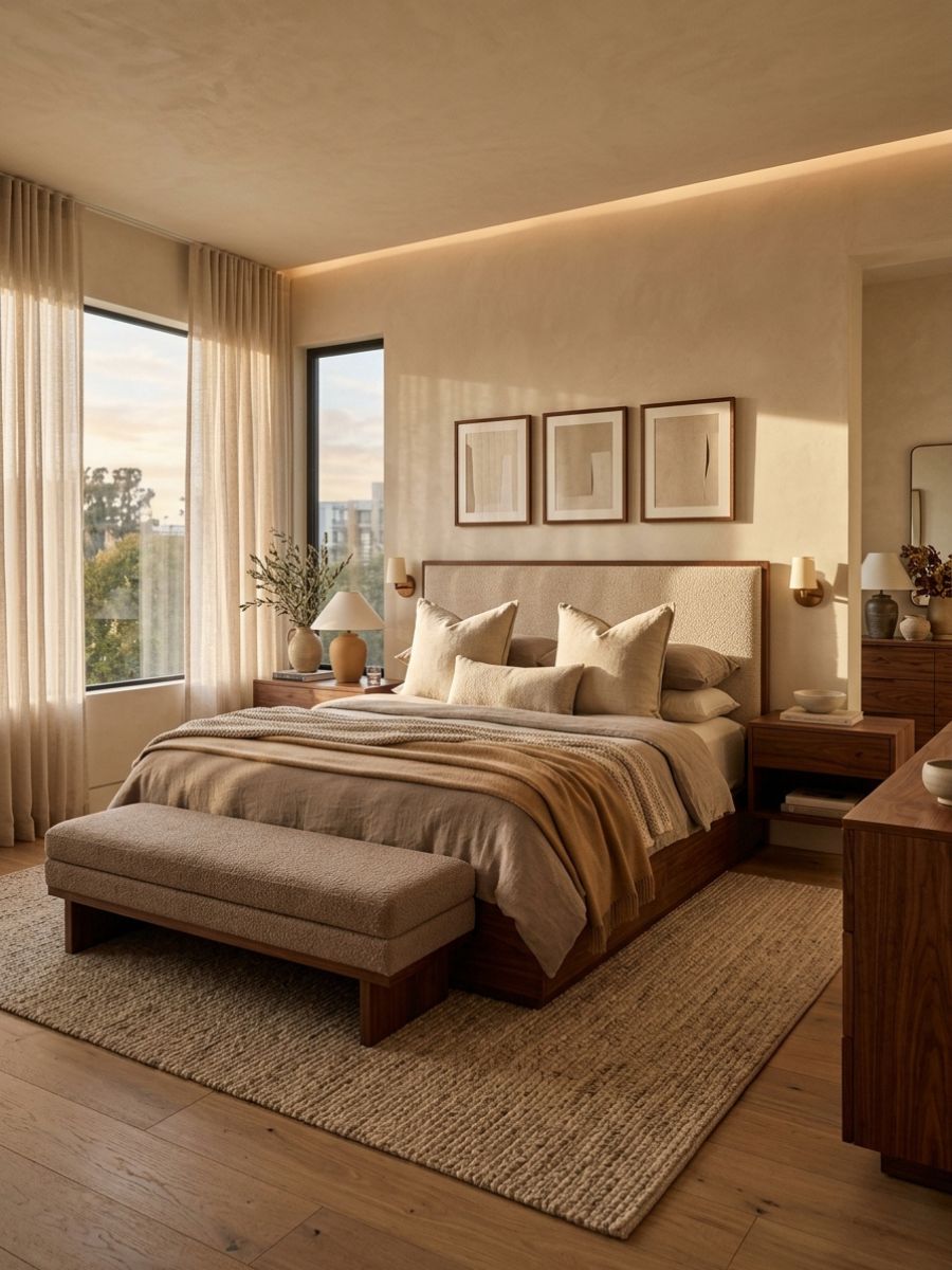 Earthy layered soft neutral bedroom with walnut tones and taupe bedding