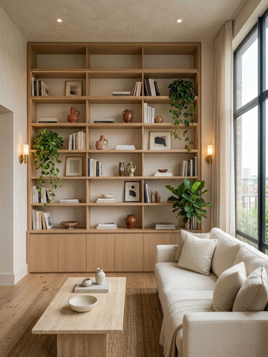 Tall wall-mounted shelving used for vertical storage in a small apartment