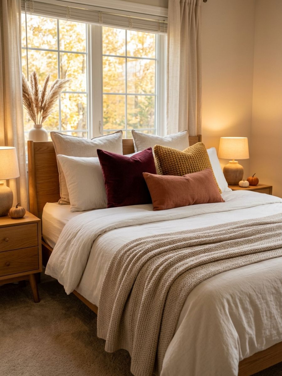 Bed styled with a mix of velvet, knit, and linen throw pillows in autumn colors