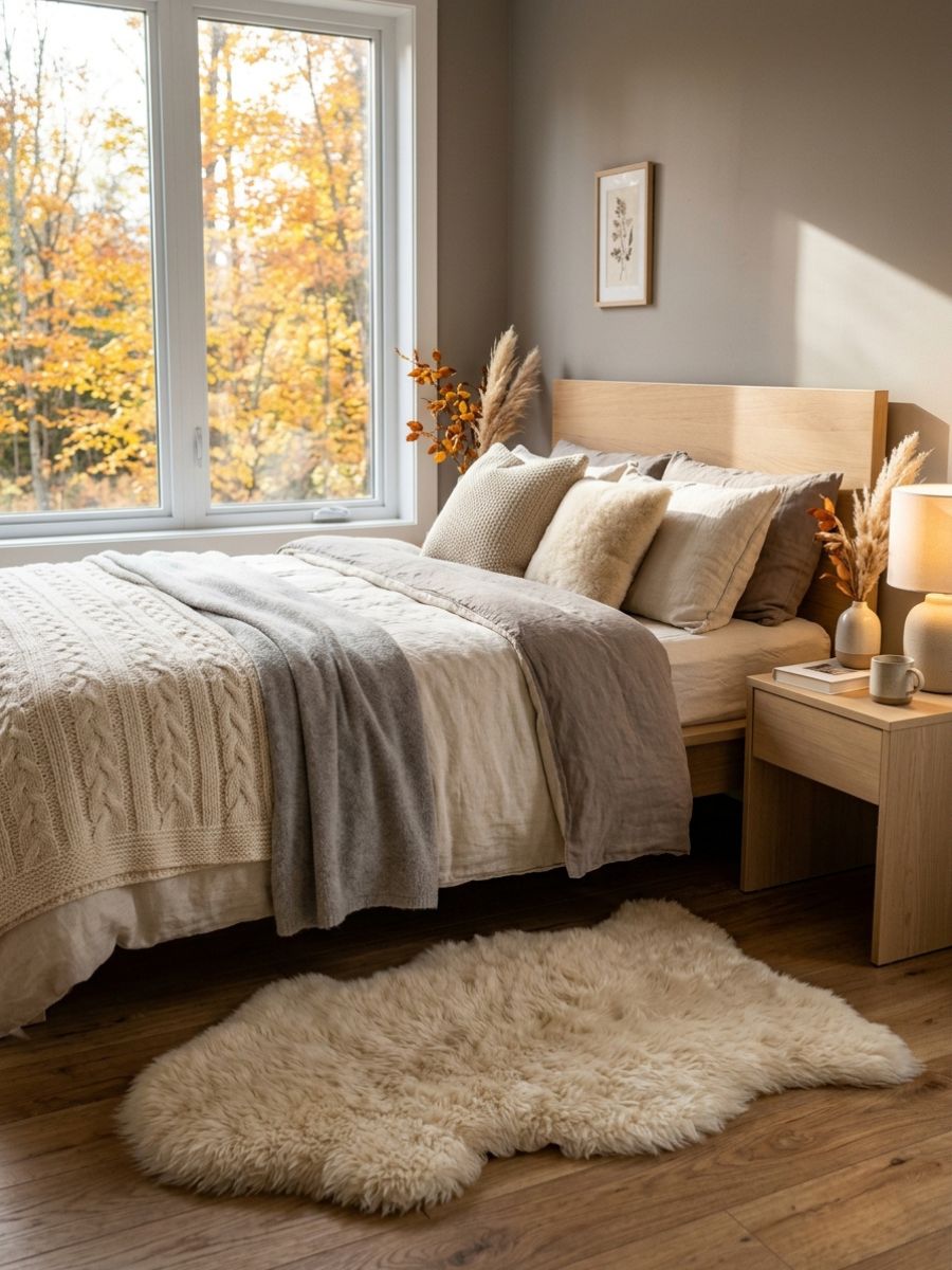 Faux fur sheepskin rug placed beside a bed for extra warmth