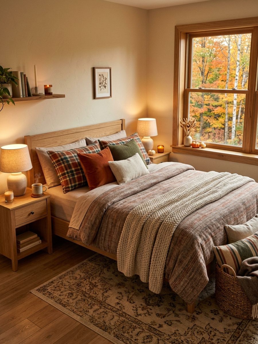 Bed layered with flannel sheets and a heavy autumn-toned duvet