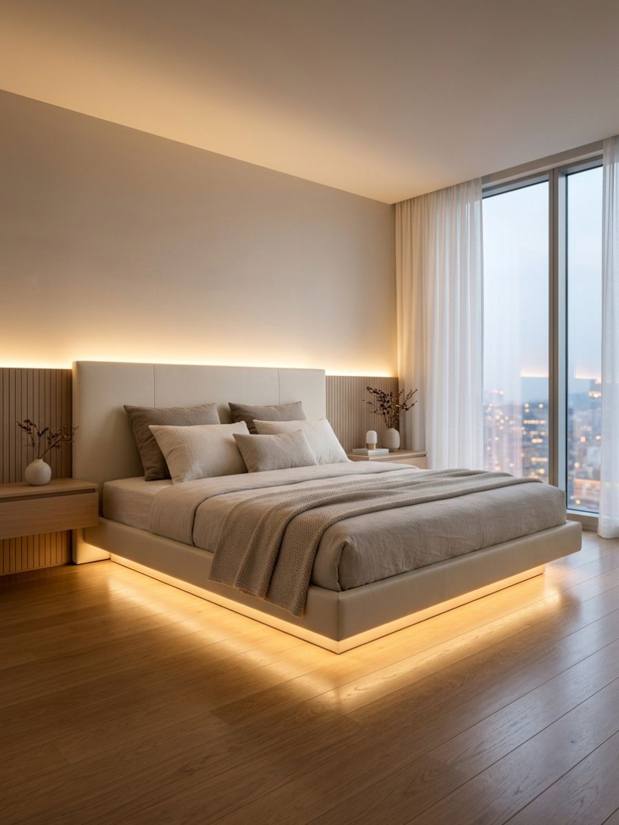 Floating bed LED romantic bedroom idea for couples with modern lighting
