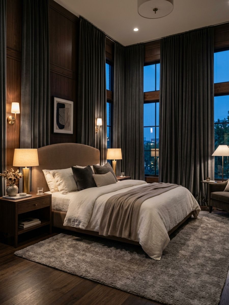 Floor to ceiling velvet curtains in a dark moody bedroom