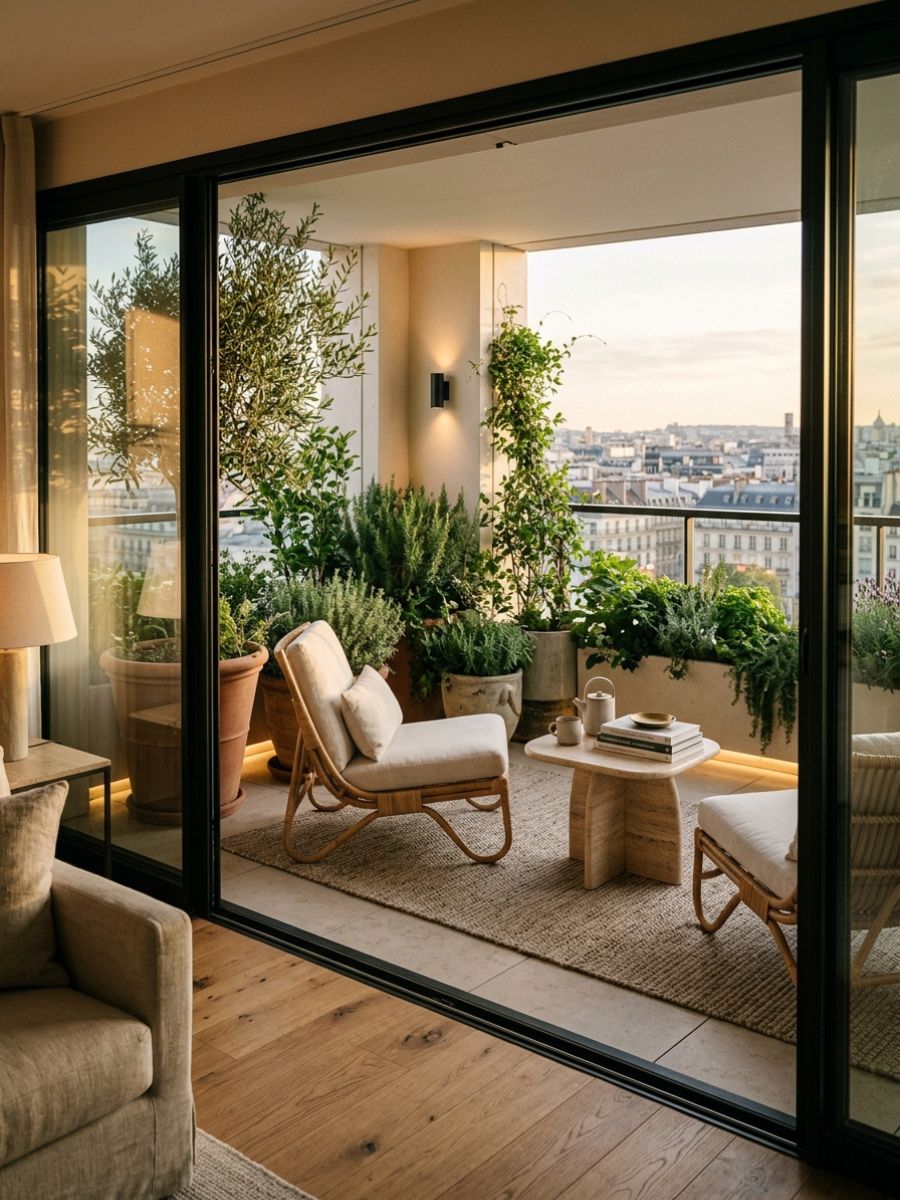 Small balcony or patio with plants and seating for outdoor space