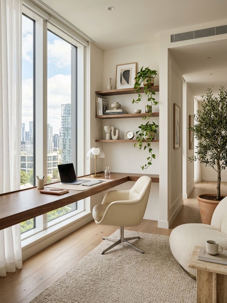 Small home office corner with a wooden desk, laptop, and plants