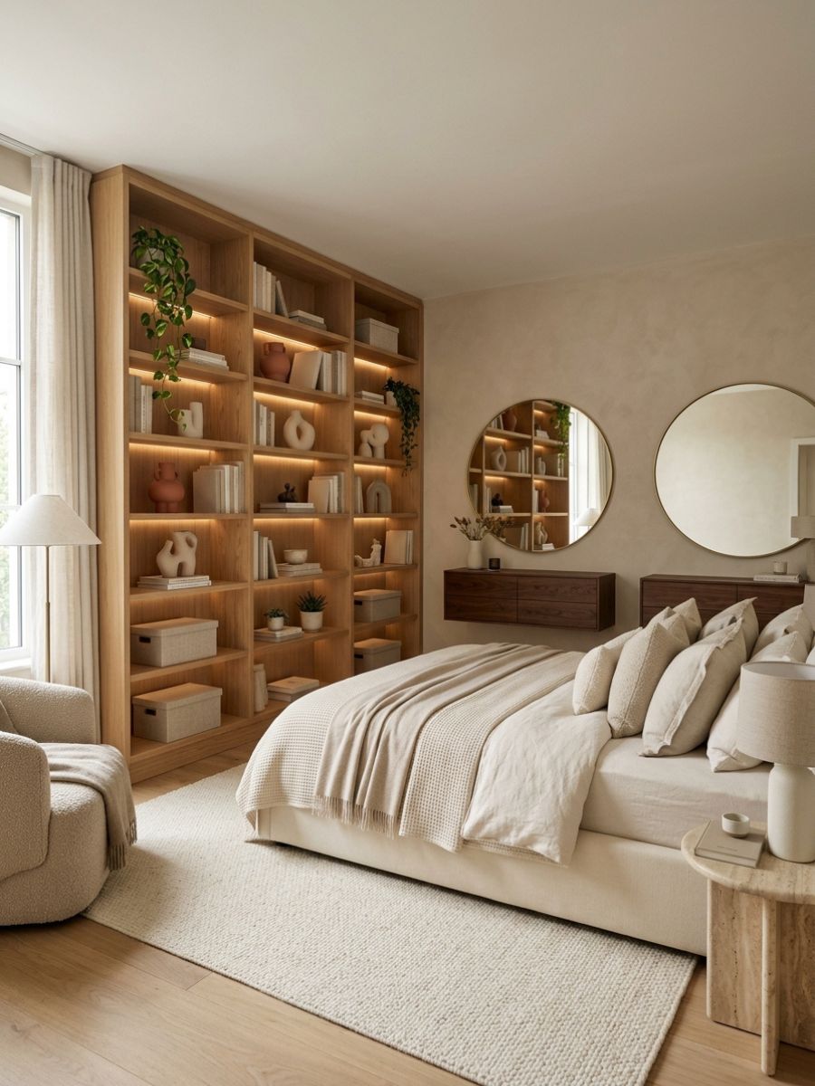 Neutral bedroom with built-in shelves and round mirrors