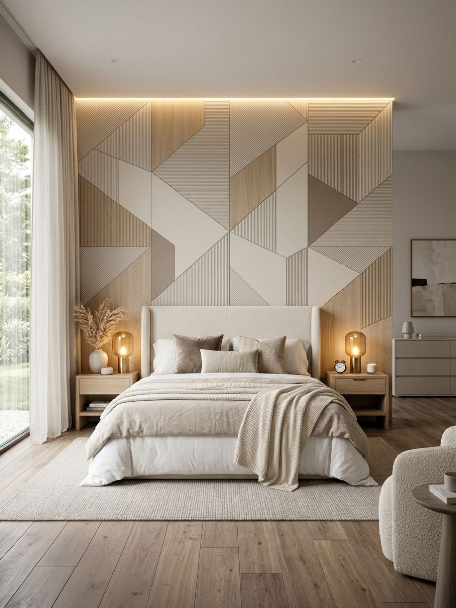 Geometric accent wall romantic bedroom idea for couples with modern lighting