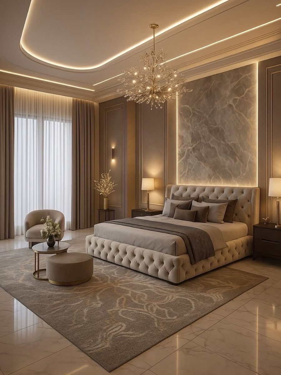 Golden panel neutral bedroom suite with backlit marble feature