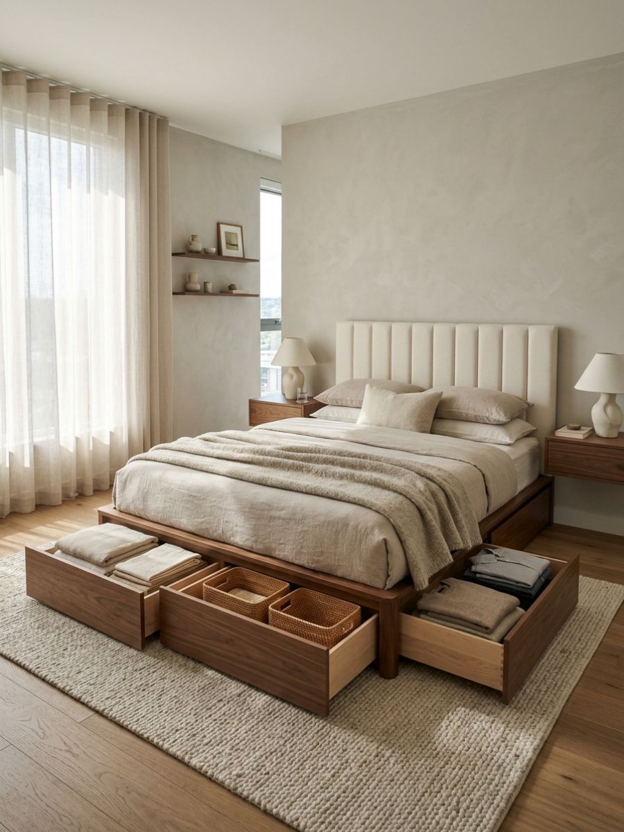 Storage bins used effectively under a bed in a small apartment