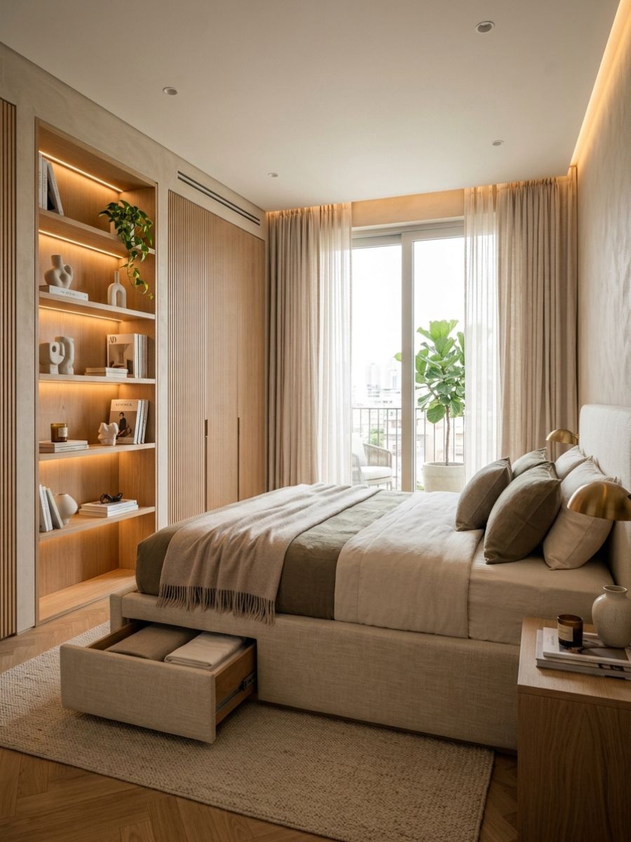 Bedroom with under-bed storage drawers and built-in closet shelving
