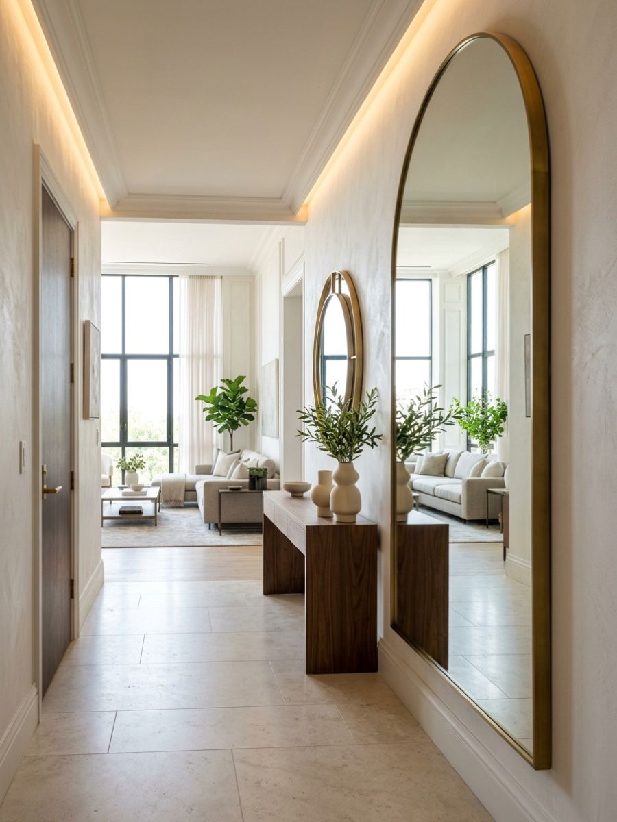Decorative mirror reflecting light in a small apartment hallway
