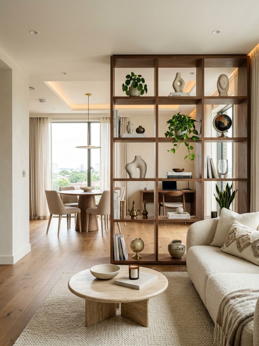 Bookshelf used as a room divider in a small apartment