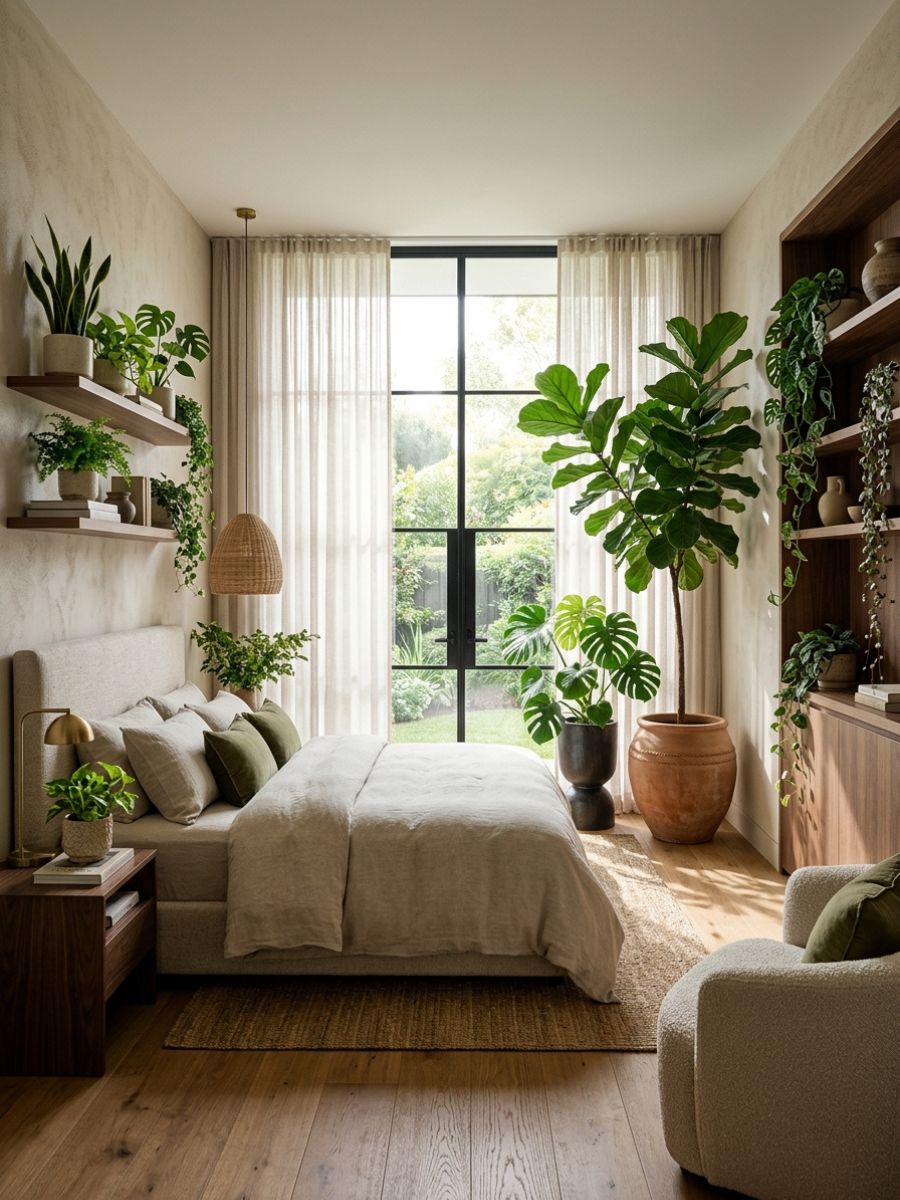 Bedroom filled with various indoor plants and warm-toned decor