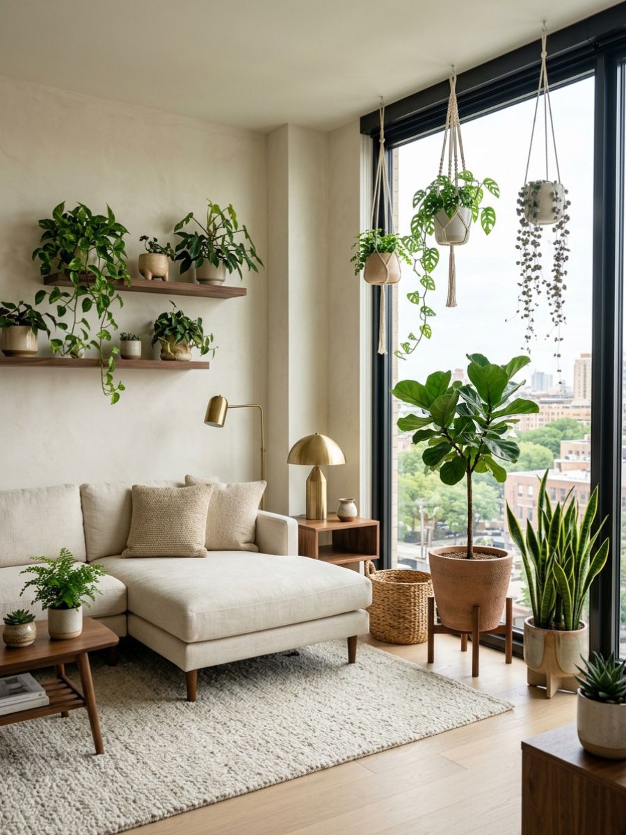Indoor plants adding freshness to a small apartment corner