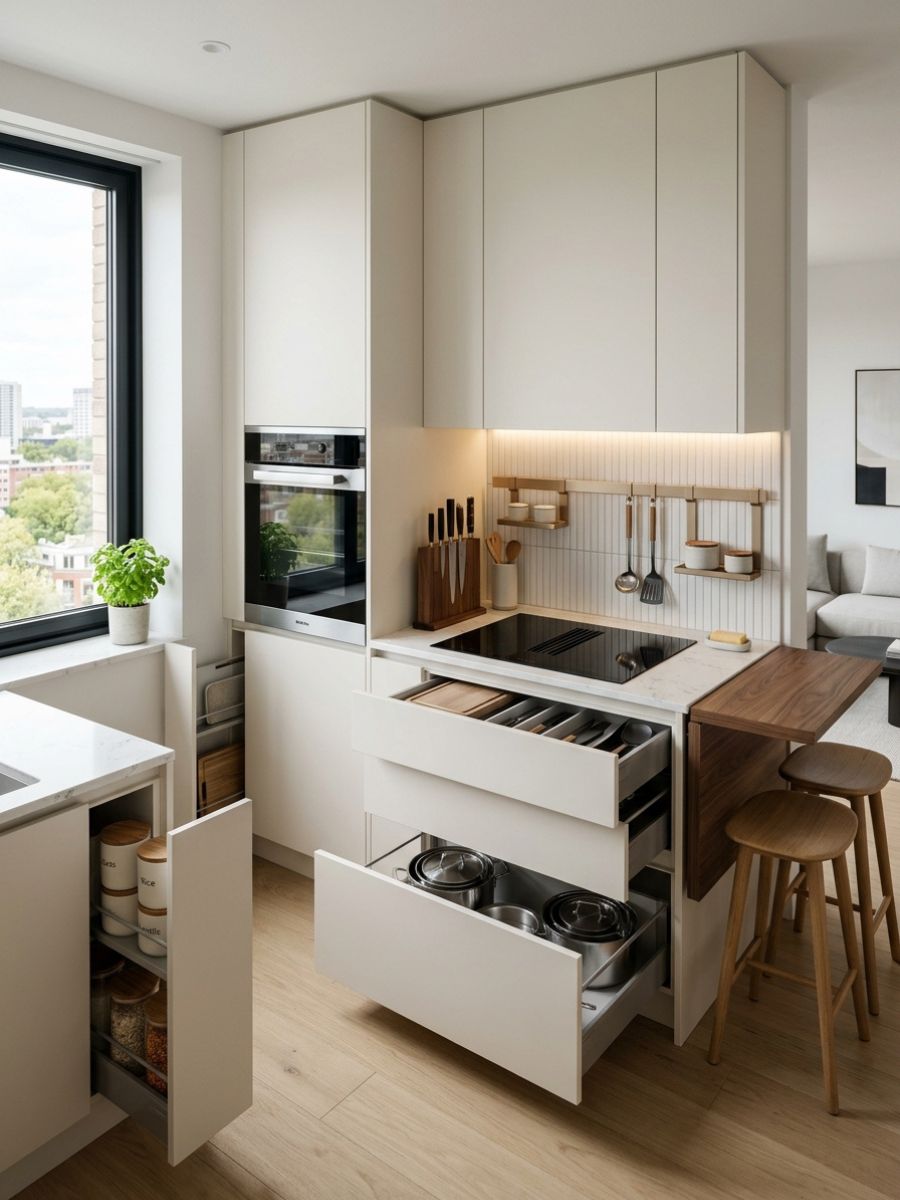 Compact multi-functional kitchen appliances in a small apartment kitchen